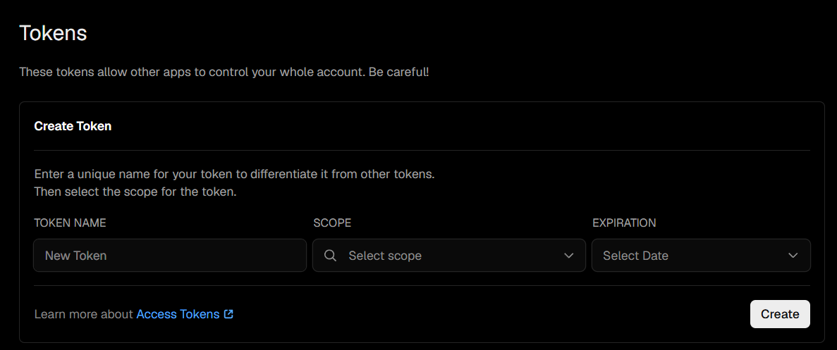 Vercelのトークン作成画面（Create Token）